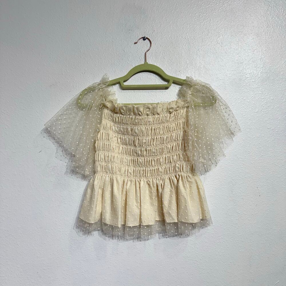 Shein Cream Off Shoulder Lace Mesh Peplum Blouse Sz 6 - Picture 2 of 9